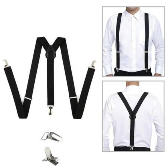 Black Adjustable Suspenders NEW Y Shape 3 Clips - Picture 2 of 2